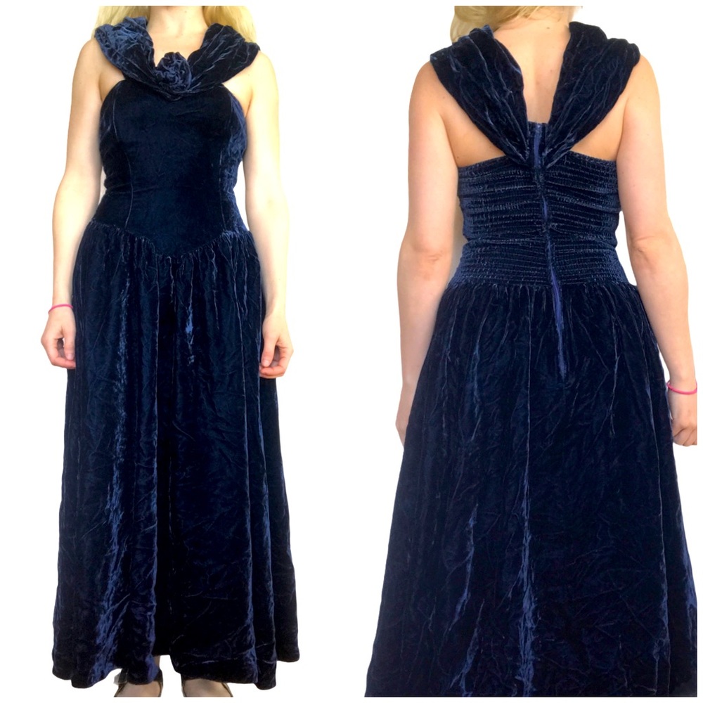 Vintage Crushed Blue Velvet Maxi Dress Gown Xs Gem